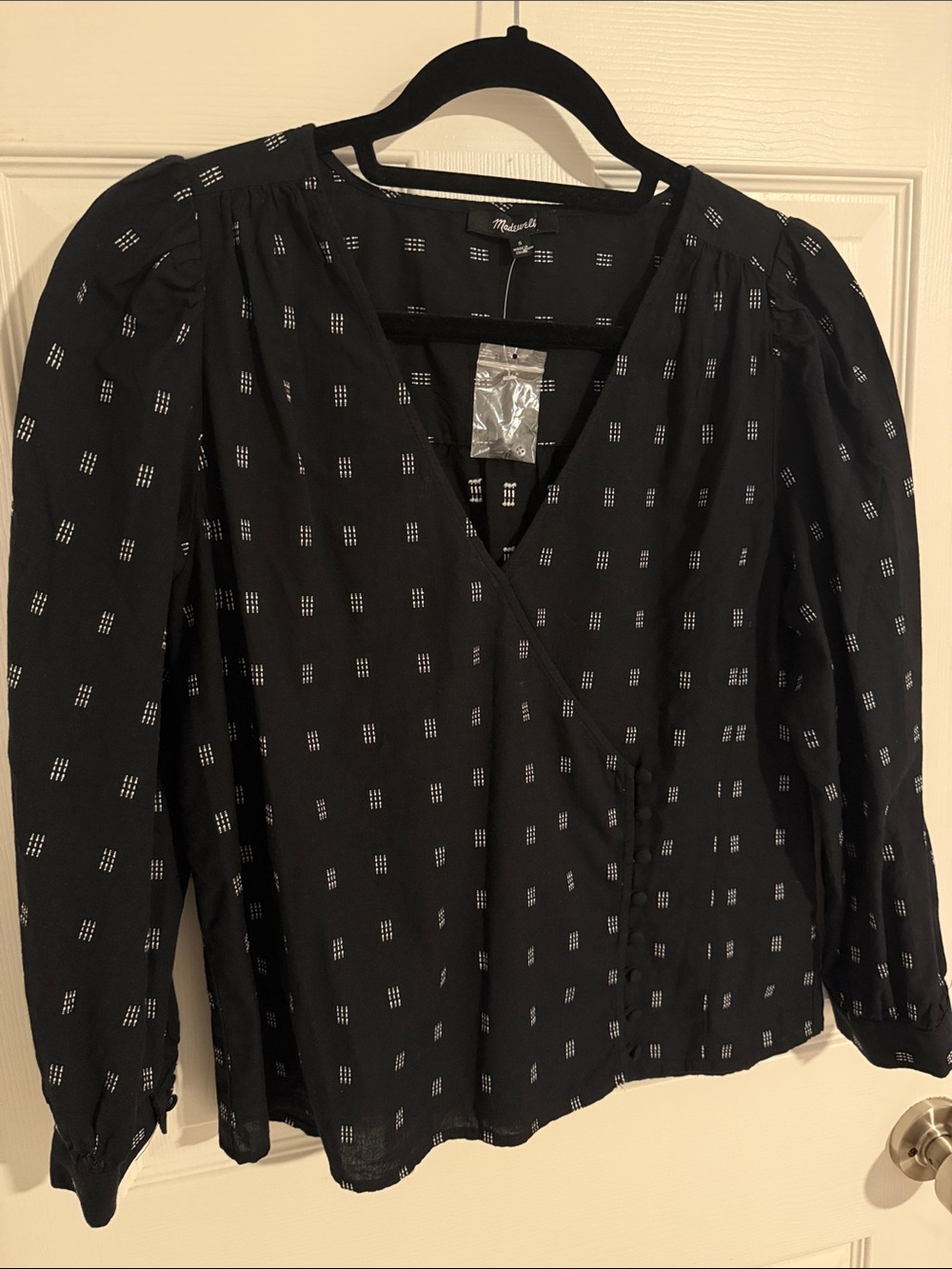 MADEWELL Black V-Neck Long-Sleeve Printed Crossover Blouse